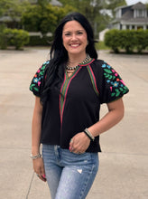 Load image into Gallery viewer, Floral Stripe Detail Puff Sleeve Top

