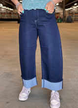 Load image into Gallery viewer, Dark Wash Cuffed Hem Risen Barrel Jeans
