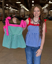 Load image into Gallery viewer, Gingham Peplum Tie Shoulder Top **2 COLORS**
