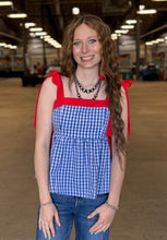 Load image into Gallery viewer, Gingham Peplum Tie Shoulder Top **2 COLORS**
