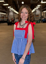 Load image into Gallery viewer, Gingham Peplum Tie Shoulder Top **2 COLORS**
