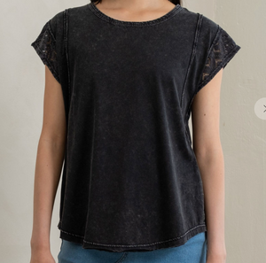 Black Mineral Washed Lace Detail Top - PLUS