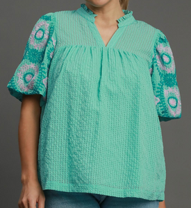 Mint Embroidered Sleeve Top