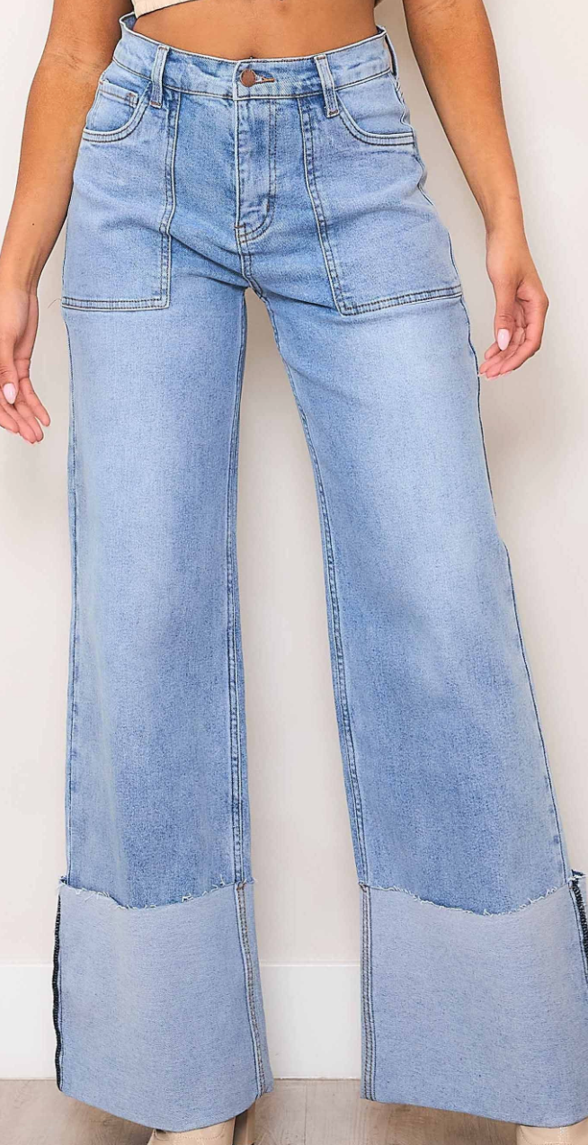 Light Stone Wash Folded Hem Jeans