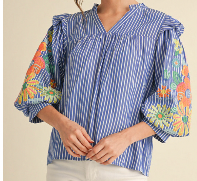 Denim Striped Embroidered Top - PLUS