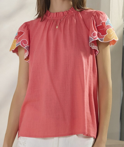 Coral Embroidered Sleeve Top - PLUS