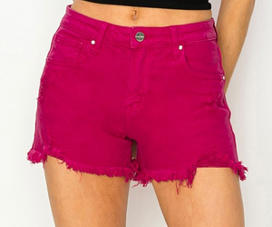 Fuchsia Frayed Hem Risen Shorts