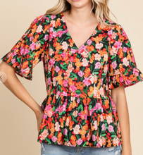 Load image into Gallery viewer, Black Floral Peplum Top
