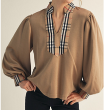 Load image into Gallery viewer, Taupe Plaid Detail Top
