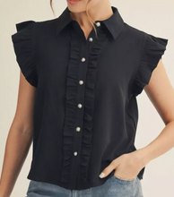 Load image into Gallery viewer, Black Ruffled Cap Sleeve Top

