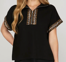 Load image into Gallery viewer, Black Leopard Detail 1/4 Zip Top
