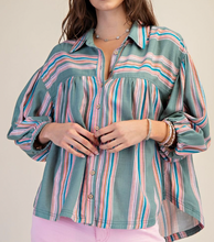Load image into Gallery viewer, Moss Striped Linen Button Down Top
