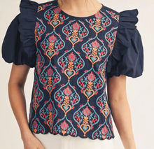 Load image into Gallery viewer, Navy Abstract Puff Flutter Sleeve Scallop Hem Top
