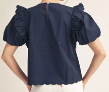 Load image into Gallery viewer, Navy Abstract Puff Flutter Sleeve Scallop Hem Top
