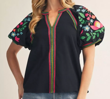 Load image into Gallery viewer, Floral Stripe Detail Puff Sleeve Top
