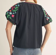 Load image into Gallery viewer, Floral Stripe Detail Puff Sleeve Top
