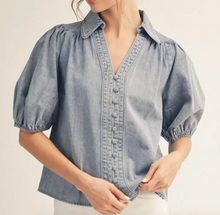 Load image into Gallery viewer, Denim Puff Sleeve Button Up Top
