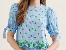 Load image into Gallery viewer, Blue Dot Lace Detail Top
