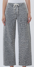 Load image into Gallery viewer, High Rise Tie Waist Grey Leopard Vervet Barrel Jeans
