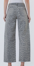Load image into Gallery viewer, High Rise Tie Waist Grey Leopard Vervet Barrel Jeans
