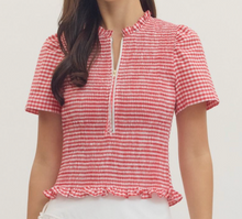 Load image into Gallery viewer, Gingham Smocked Zip Up Top **2 COLORS**
