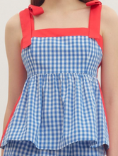 Load image into Gallery viewer, Gingham Peplum Tie Shoulder Top **2 COLORS**
